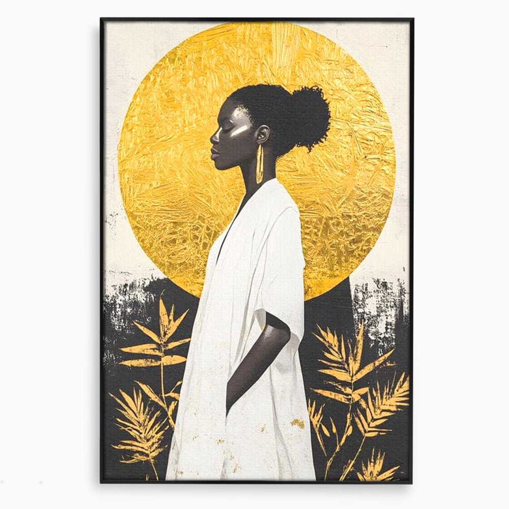 Tablou canvas cu tablou canvas cu portret de femeie afro, in rama de aluminiu negru